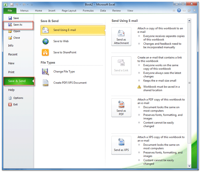 Figure 3: Save As command in Excel 2010's Ribbon