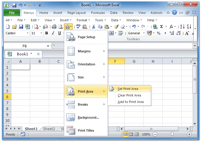 Figure 2: Set Print Area in Microsoft Excel 2010 Toolbar