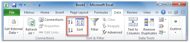 Figure 4: Sort buttons in Excel 2010's Data tab