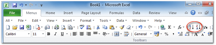 Figure 1: Sort button in Microsoft Excel 2010 Toolbar