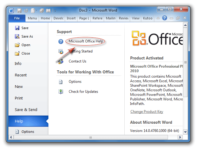 Get Help Info from Office 2010 Backstage View