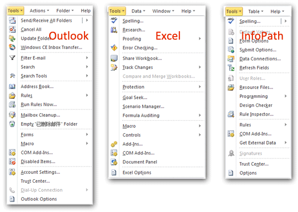 Where is the Tools menu in Office 2007, 2010, 2013 and 365