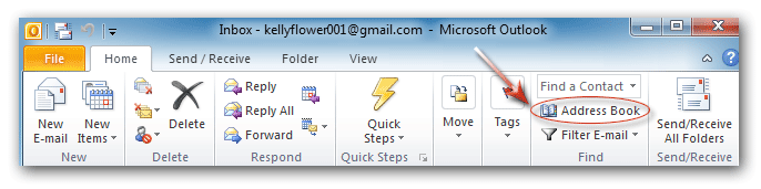 Addres Book button in Outlook 2010 main Window