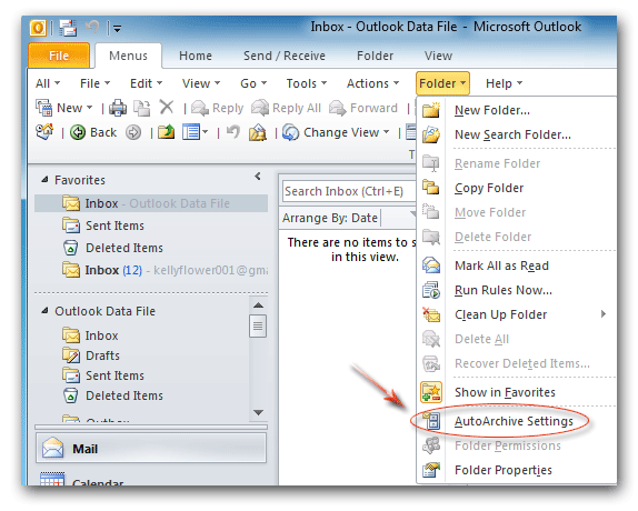 AutoArchive Settings in Folder Menu