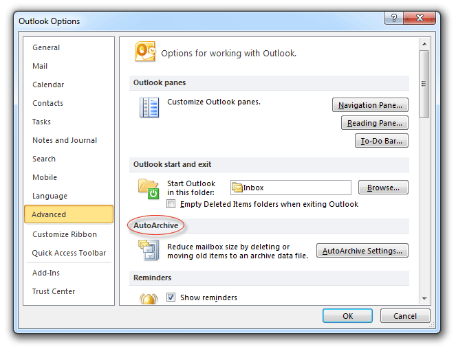 AutoArchive Settings button in Outlook Options 