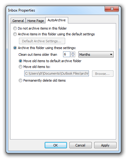 AutoArchive Settings in Inbox Properties dialog box
