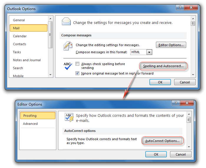 Auto Correct Options button in Outlook 2010