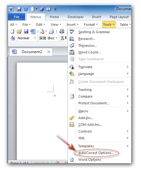 AutoCorrect Options in Tools Menu