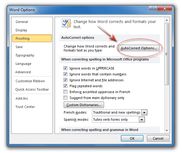 AutoCorrect Options button in Word Options