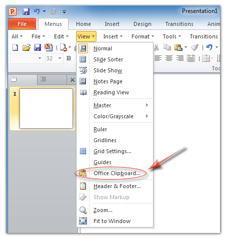 Figure 4: Office Clipboard in PowerPoint 2010's View Menu