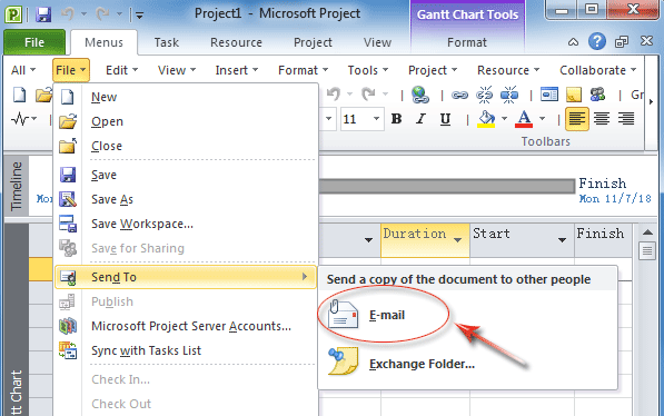 Figure 4: Email in Project 2010's File Menu