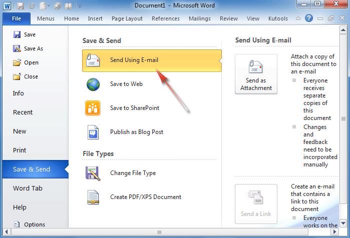 Figure 2: Email in Word 2010's Ribbon