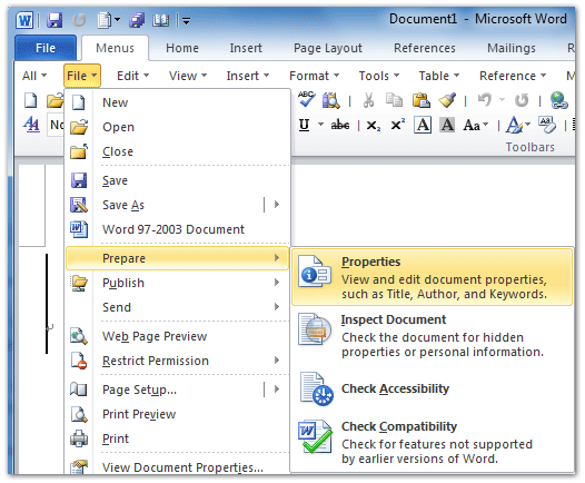 Figure 2: Properties in Word 2010's Prepare Info