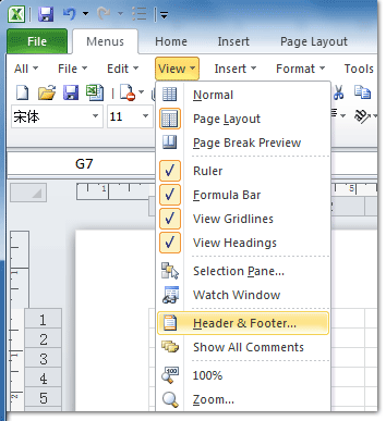 Figure 5: Header and Footer in Excel 2010's View Menu