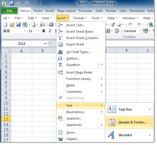 Figure 6: Header and Footer in Excel 2010's Insert Menu