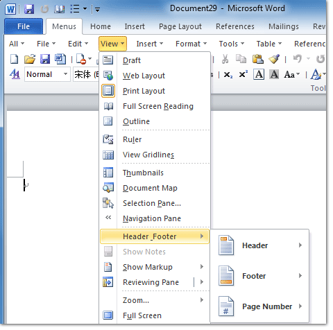 Figure 2: Header and Footer in Word 2010's View Menu