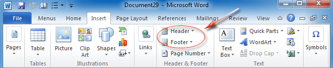 Figure 4: Header and Footer in Word 2010's Insert Tab