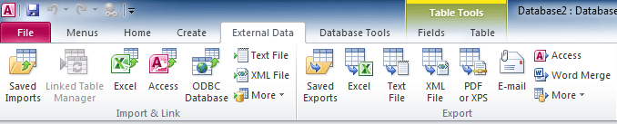 Fig. 2: Import and Export in Access 2010's Ribbon