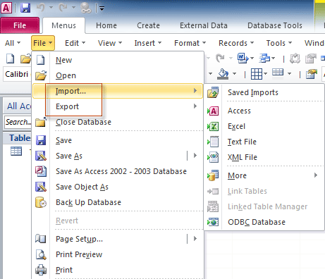 Fig. 1: Import and Export in Access 2010's File Menu