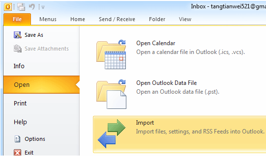 Fig. 4: Import and Export in Outlook 2010's Ribbon