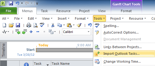 Fig. 7: Import and Export in Project 2010's Tools menu