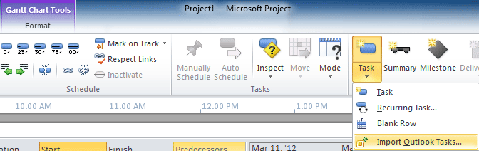 Fig. 8: Import and Export in Project 2010's Ribbon