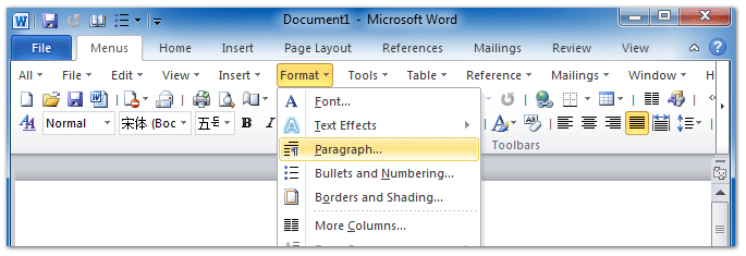 shot_Paragraph in Word 2010's Format menu