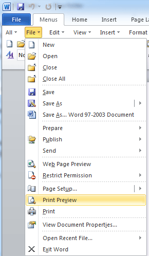 Fig. 1: Print Preview in Word 2010' File Menu