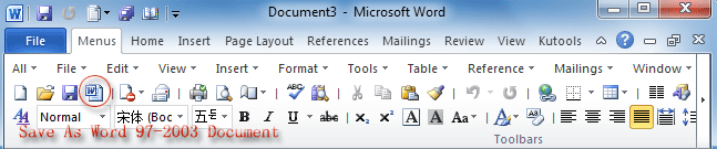 Figure 2: Save as Word 97-2003 Document button in Word 2010's Toolbar