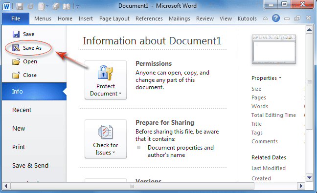 Figure 3: Save As command under Word 2010's File Tab
