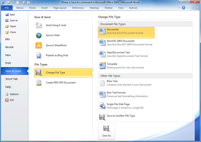 Figure 4: More Save as options in Word 2010's Ribbon