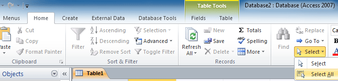 Fig. 4: Select All in Access 2010's Ribbon