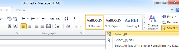 Fig. 3: Select All in Outlook 2010's Ribbon