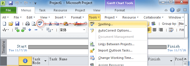Figure 5: Spelling feature in Project 2010's Tools Menu and Toolbar