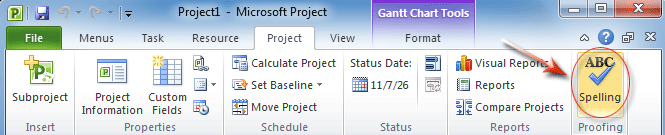 Figure 6: Spelling button in Project 2010's Ribbon