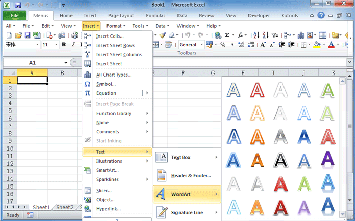 Where is WordArt: WordArt in Excel 2010's Insert Menu