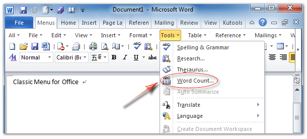 Word Count feature in Word 2010's Tools Menu