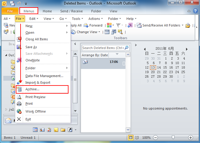 Add to archive. MS Outlook 2010 vs 2013 folders. How to Archive a folder.