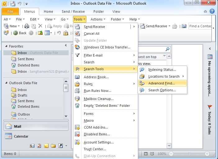 Advanced Find in Outlook 2010's Tools Menu