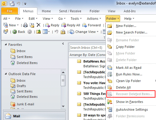 Wo ist ein bestimmter Ordner zum Wiederherstellen gelöschter Elemente in Outlook 2010