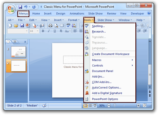 Classic Menu brings back tools menu in PowerPoint 2007