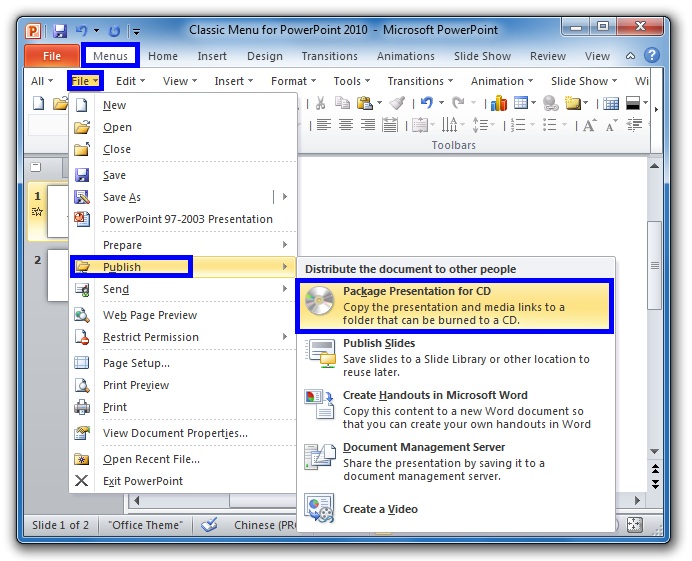 Get the Package Presentation for CD with classic menus in PowerPoint 2010