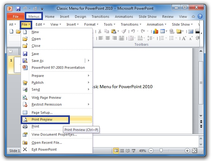Get Print Preview in classic style menus in PowerPoint 2010