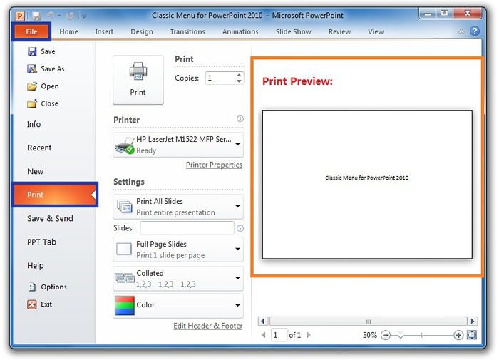 print preview page setup powerpoint 2016