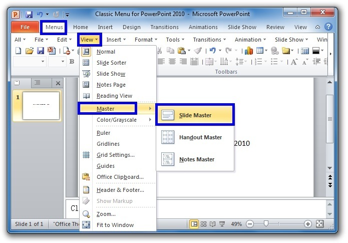 Get Slide Master from menus in PowerPoint 2010