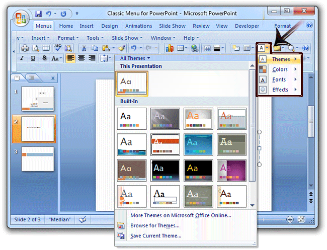 Where is the Themes in Microsoft PowerPoint 2007, 2010, 2013, 2016, 2019  and 365