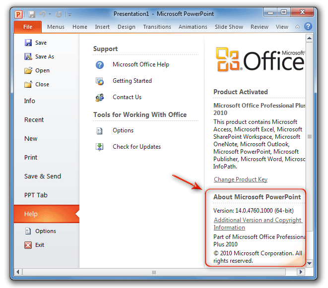Where is About in Microsoft PowerPoint 2007, 2010, 2013, 2016, 2019 and 365