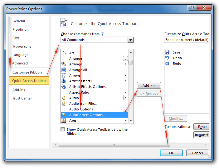 Figure 2: Customize and add AutoCorrect Options in PowerPoint 2010 QAT