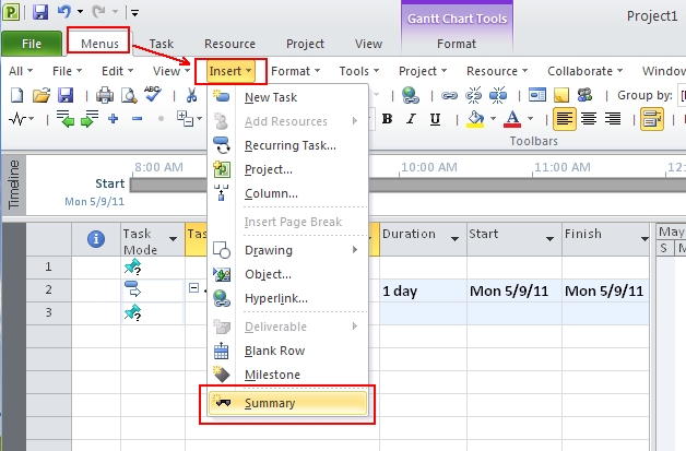 Where Is Insert Summary Task In Project 10 13 16 19 And 365
