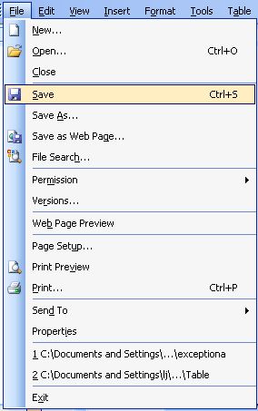 image of File menu in Word 2003